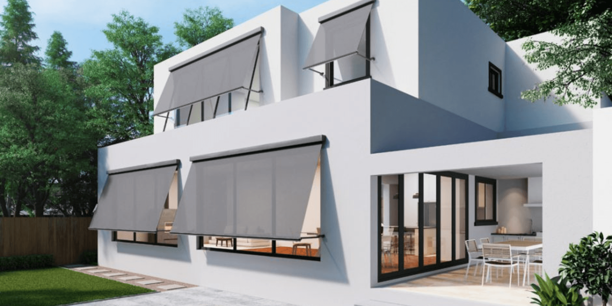 Outdoor awning providing shade over patio area for comfortable outdoor living