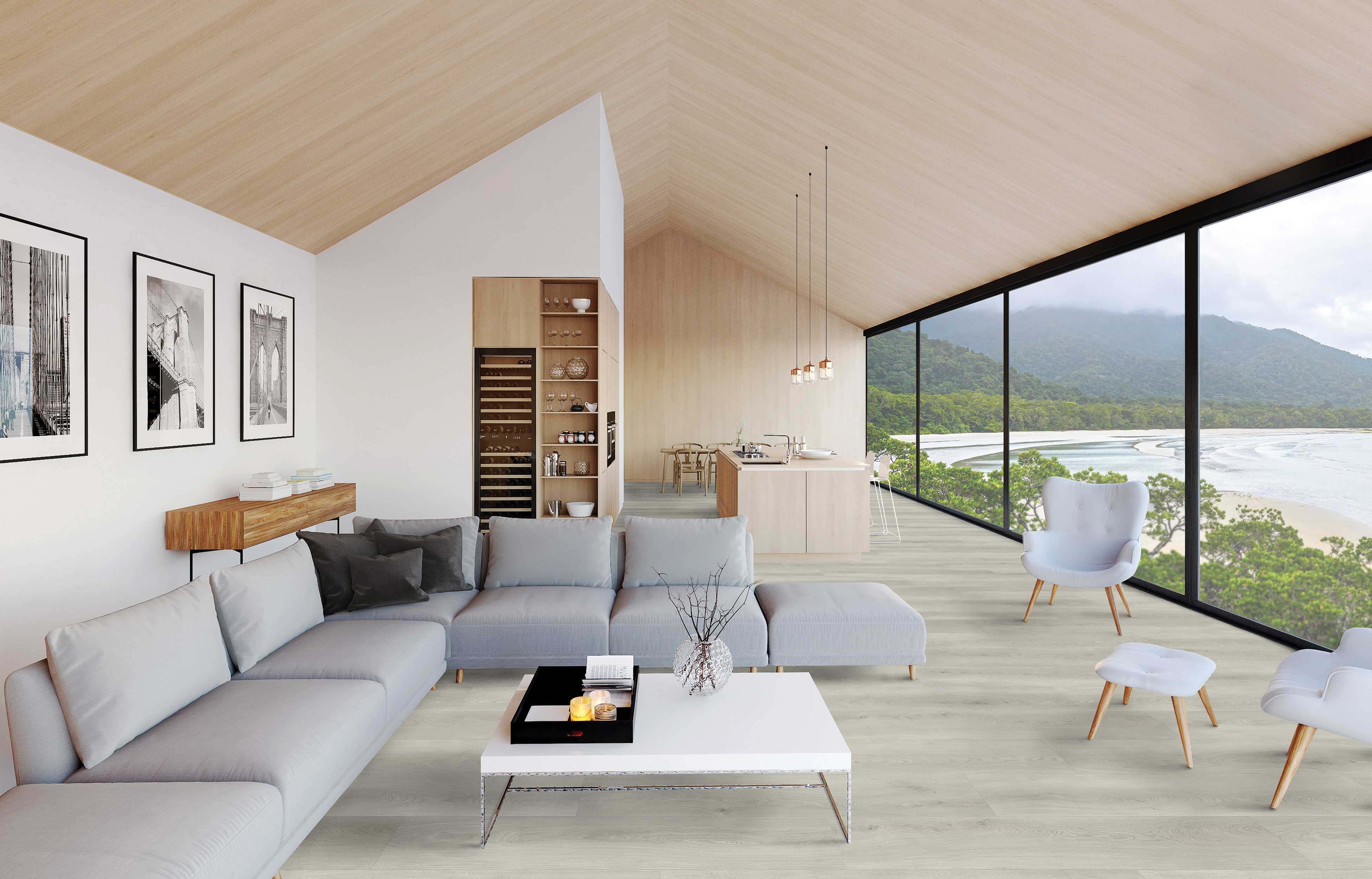 Timber flooring in coconut oak finish installed in bright modern living space