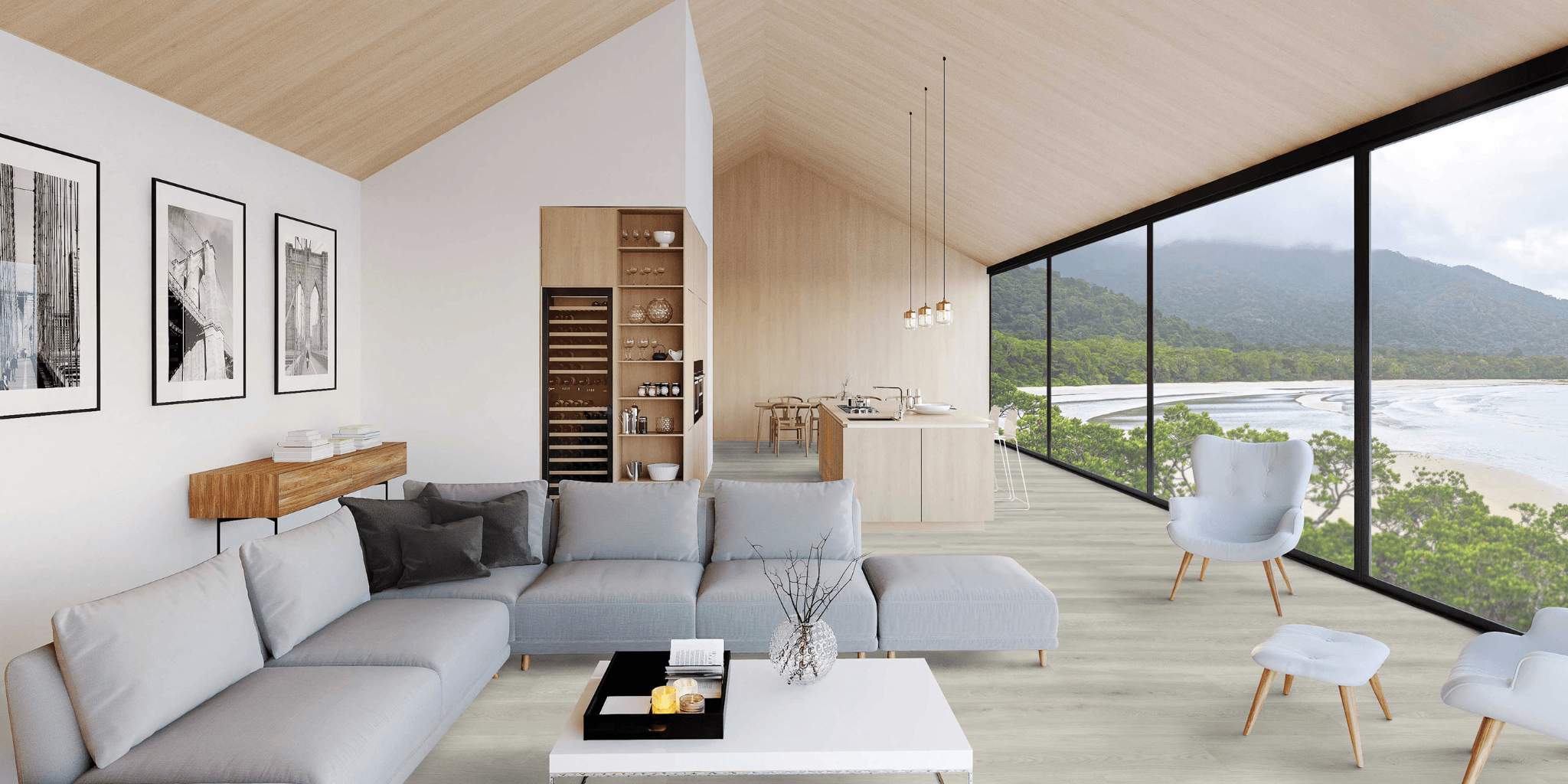 Residential interior with timber look flooring in modern open plan living space